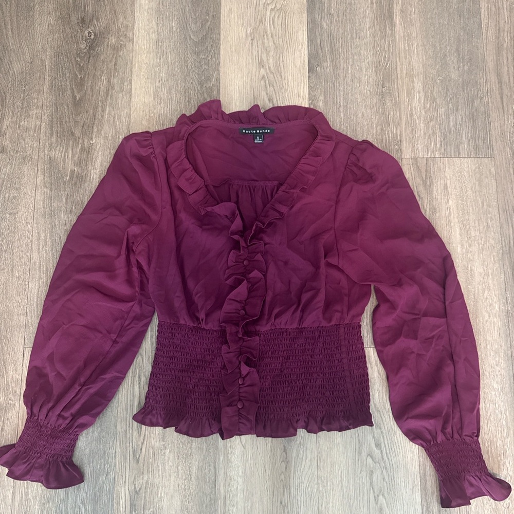 Haute Monde Romantic Burgundy Ruffle Smocked Top Small